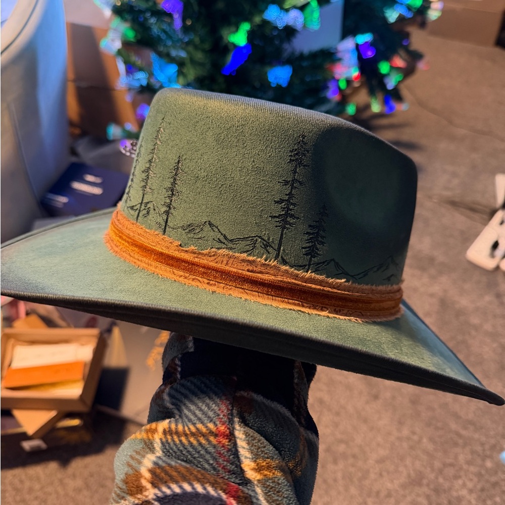 Green Wide Brim Hat with Mountain and Pine Tree Design
